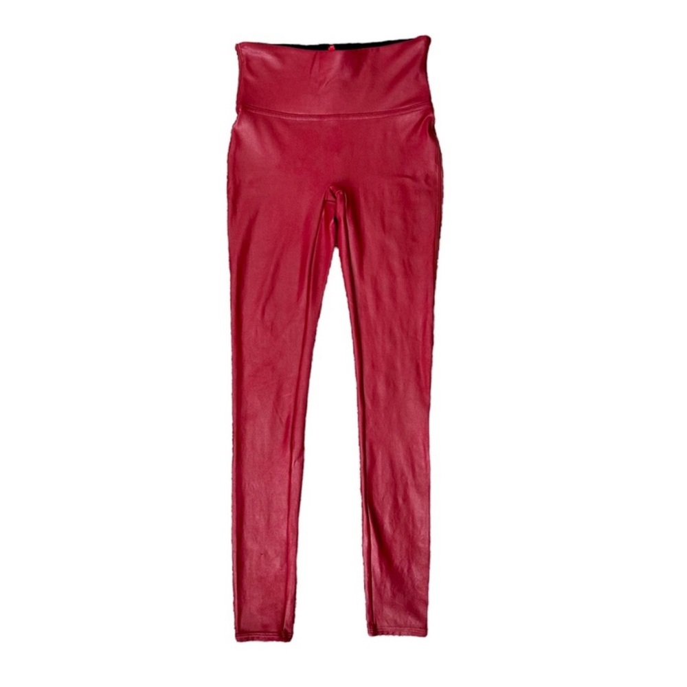 SPANX Crimson Red Faux Leather Leggings Rare Size S Winter Tights